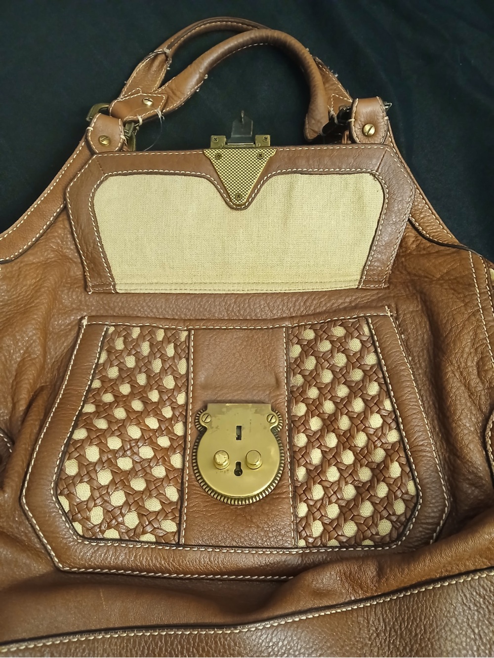 Cole Haan Tan Woven Leather Shoulder Bag with Gold Lock - Picture 12 of 16